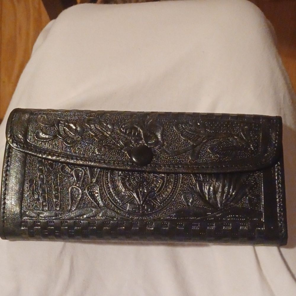 Vintage Hand Tool Black Embossed Floral Western Women's Leather Wallet New